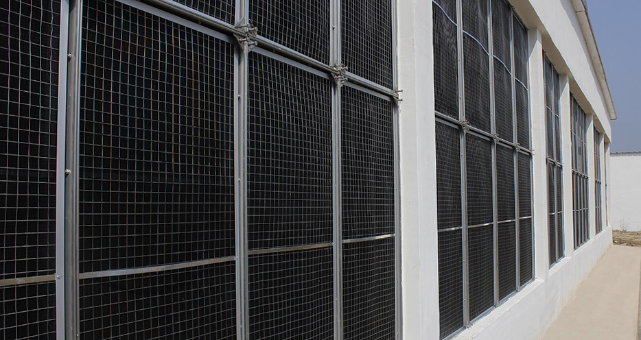 建成的上海新農灌云公豬站外側擋沙網過濾墻。